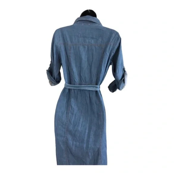 Blue denim fabric button front boho look belted dress size small brand new - Picture 13 of 16